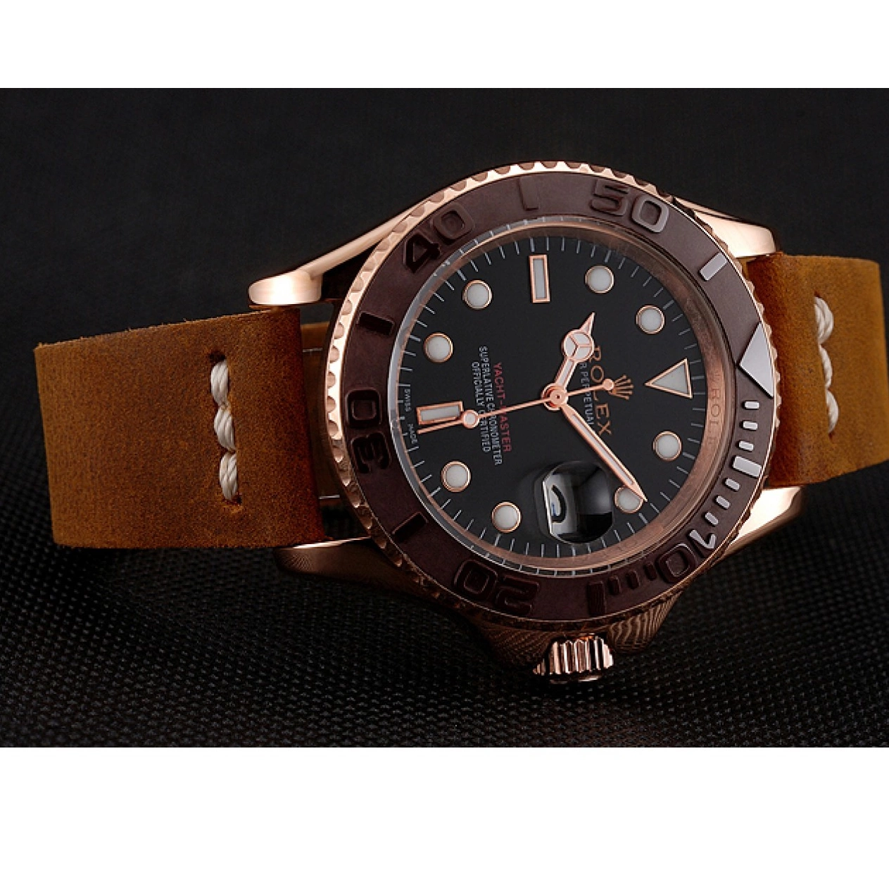 Good Copy Rolex Watches Black Rolex Bezel Brown 1453860 Leather Bracelet Yacht Rose Dial Case Gold Brown Master 0806